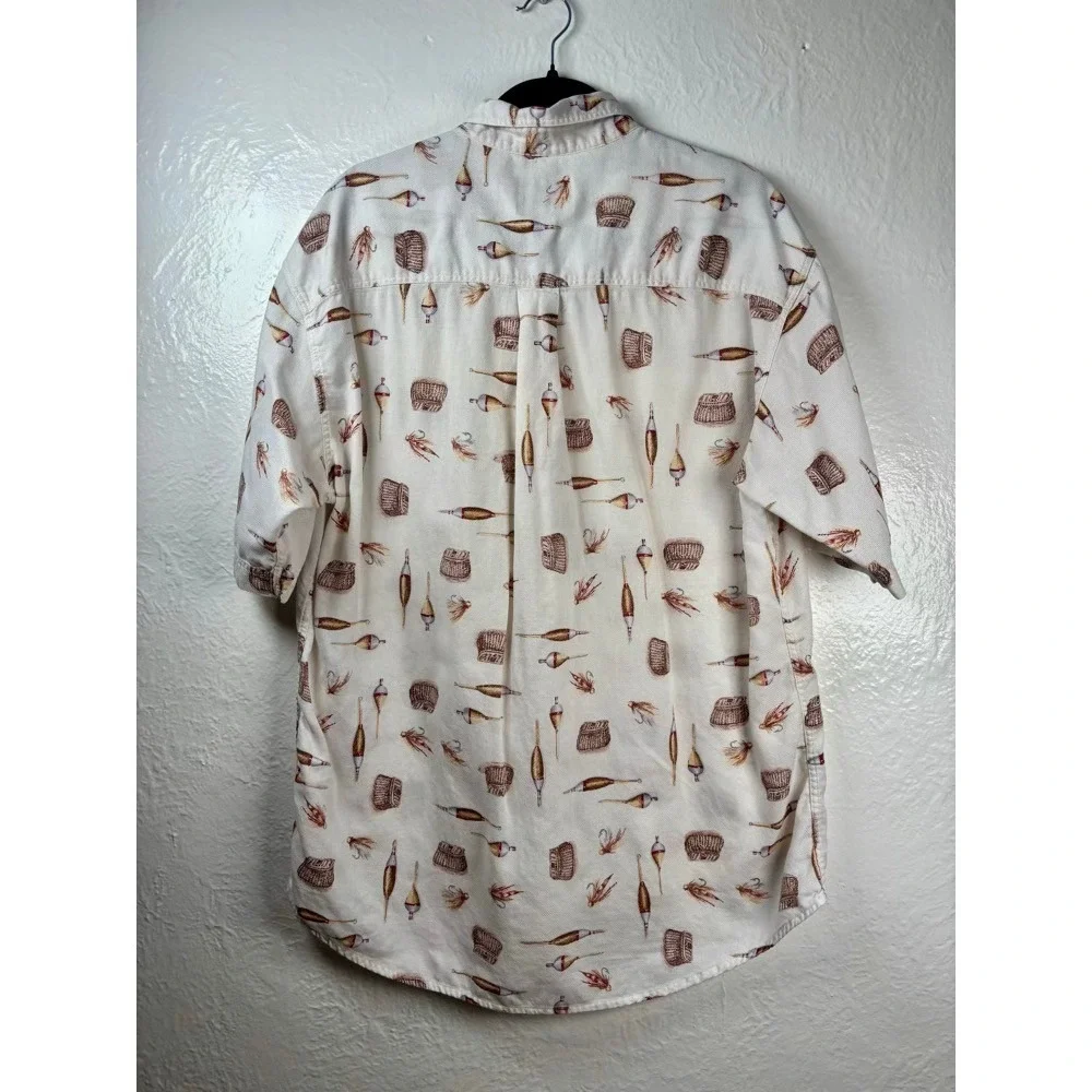 Woolrich Fishing Print Shirt Mens L‎ Cream Short Sleeve Cotton Fathers Day Dad